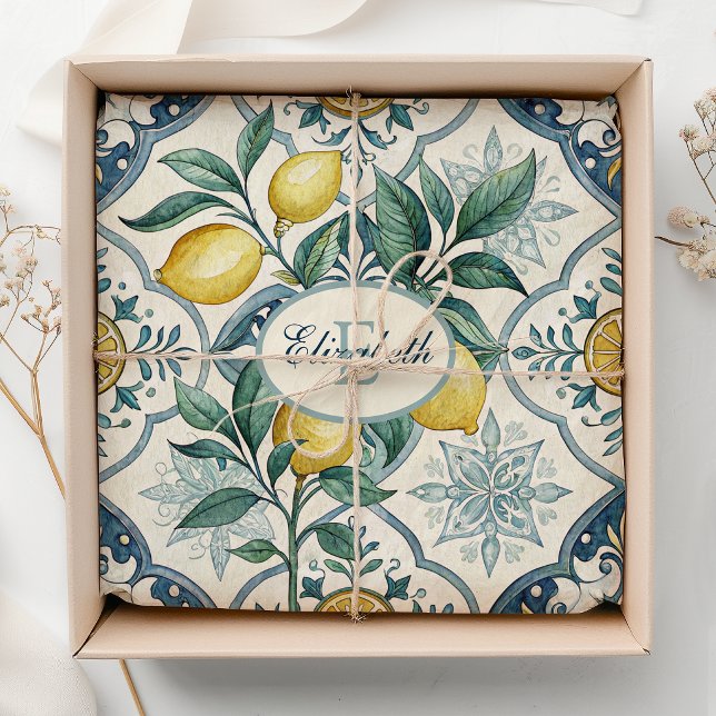 Blue Tile French Country Lemon Pattern Monogram Tissue Paper (Creator Uploaded)