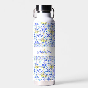 Blue Tile French Country Lemon Pattern Monogram Water Bottle