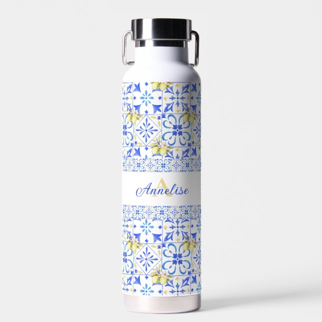 Blue Tile French Country Lemon Pattern Monogram Water Bottle (Front)