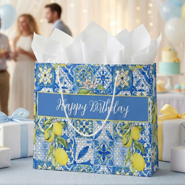 Blue Tile French Country Lemon Pattern Name Large Gift Bag (Creator Uploaded)