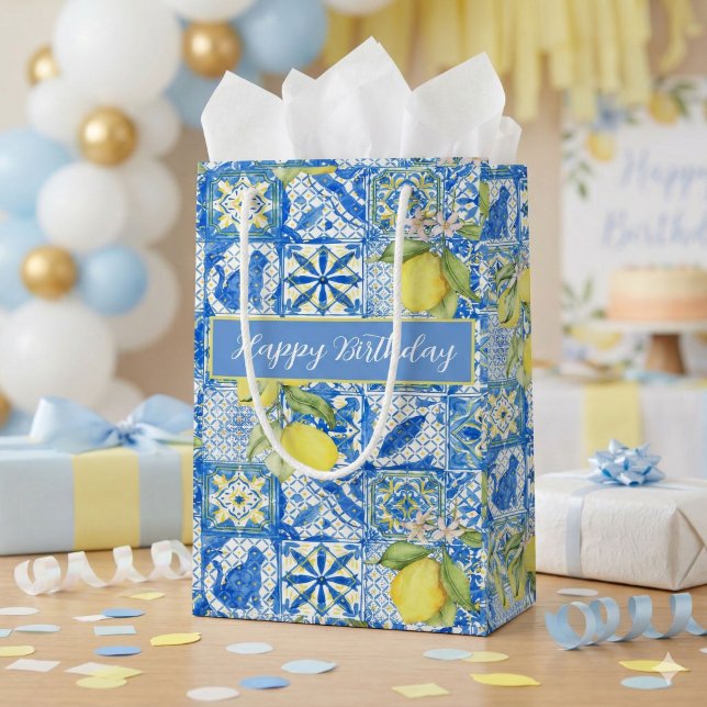 Blue Tile French Country Lemon Pattern Name Small Gift Bag (Creator Uploaded)