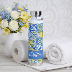 Blue Tile French Country Lemon Pattern Provencal Water Bottle