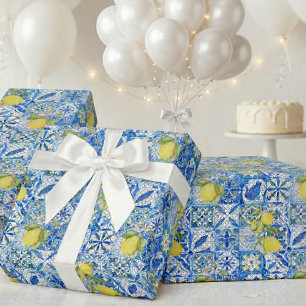 Blue Tile French Country Lemon Pattern Provencal Wrapping Paper