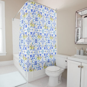 Blue Tile French Country Lemon Pattern Shower Curtain