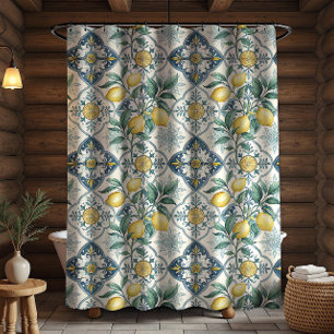 Blue Tile French Country Lemon Pattern Shower Curtain