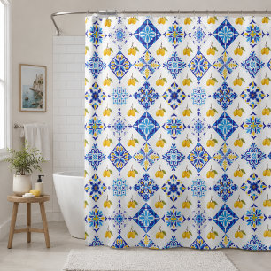 Blue Tile French Country Lemon Pattern Shower Curtain