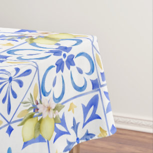 Blue Tile French Country Lemon Pattern Tablecloth