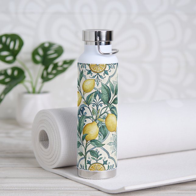 Blue Tile French Country Lemon Pattern Water Bottle (Yoga)