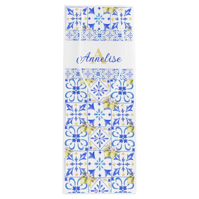 Blue Tile French Country Lemon Pattern Wine Gift Bag (Front)