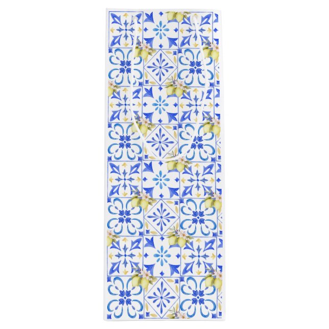 Blue Tile French Country Lemon Pattern Wine Gift Bag (Front)