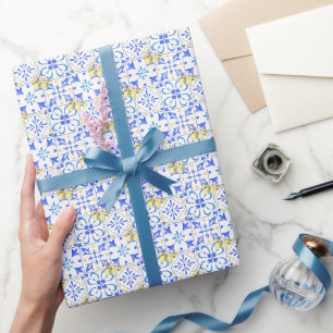 Blue Tile French Country Lemon Pattern Wrapping Paper