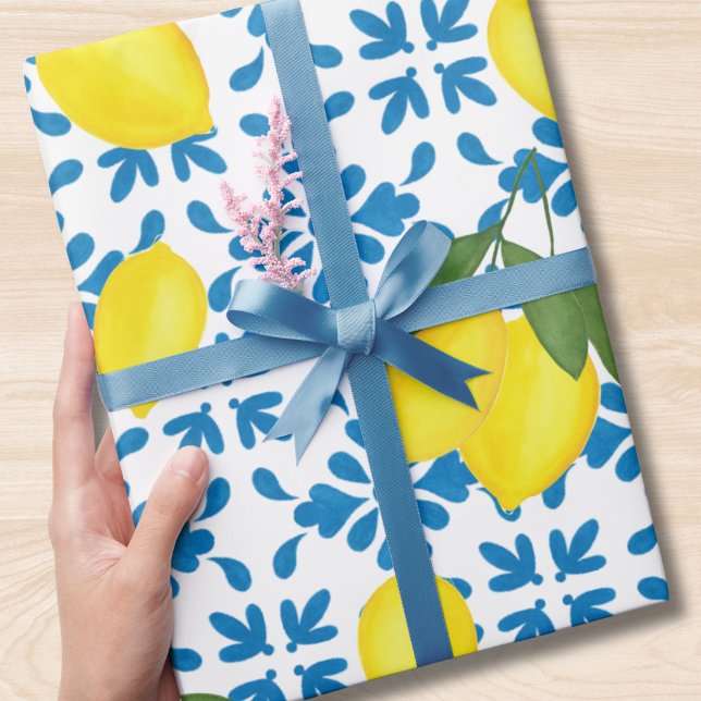 Blue Tile French Country Lemon Pattern Wrapping Paper (Creator Uploaded)