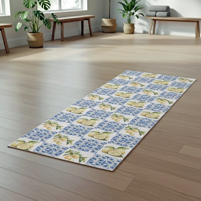 Blue Tile French Country Lemon Pattern Yoga Mat (Creator Uploaded)