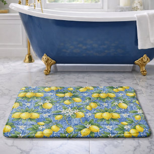 Blue Tile French Country Lemon Watercolor Bath Mat