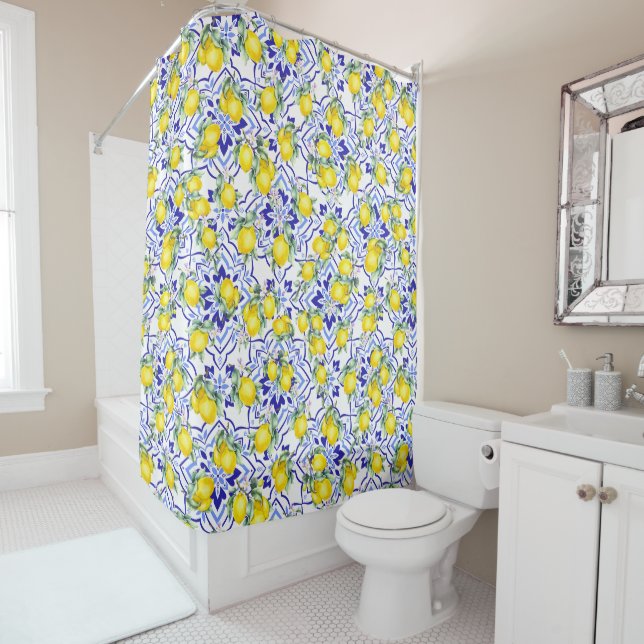 Blue Tile French Country Lemon Watercolor Pattern Shower Curtain (In Situ)