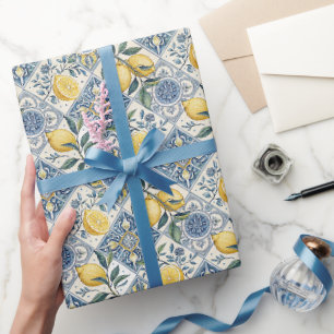 Blue Tile French Country Watercolor Lemon Wrapping Paper