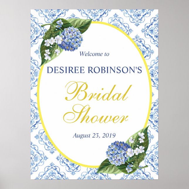 Blue Tile Hydrangeas Bridal Shower Welcome Sign (Front)