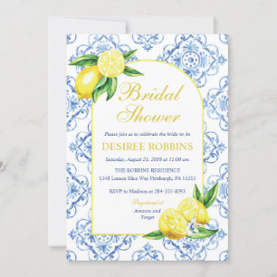 Blue Tile Italian Floral Lemon Bridal Shower Invitation