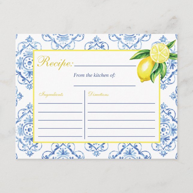 Blue Tile Italian Floral Lemon Recipe Card (Front)