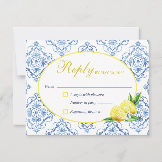 Blue Tile Italian Floral Lemon Response Card (Front)