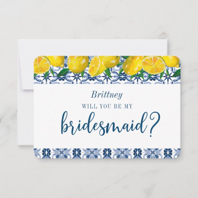 Blue Tile Italian Lemon Bridesmaid Proposal Card (Front)