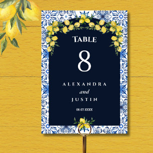 Blue Tile Italian Lemon Mediterranean Wedding  Table Number