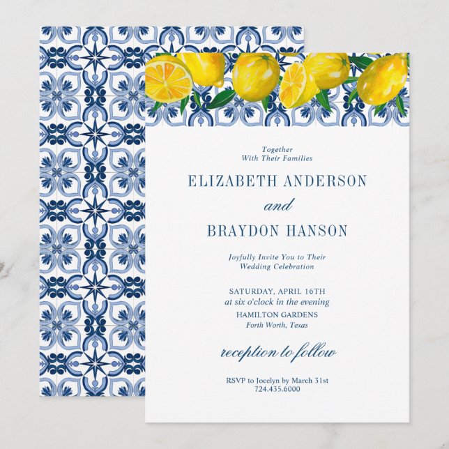 Blue Tile Italian Lemon Wedding Invitation (Front/Back)