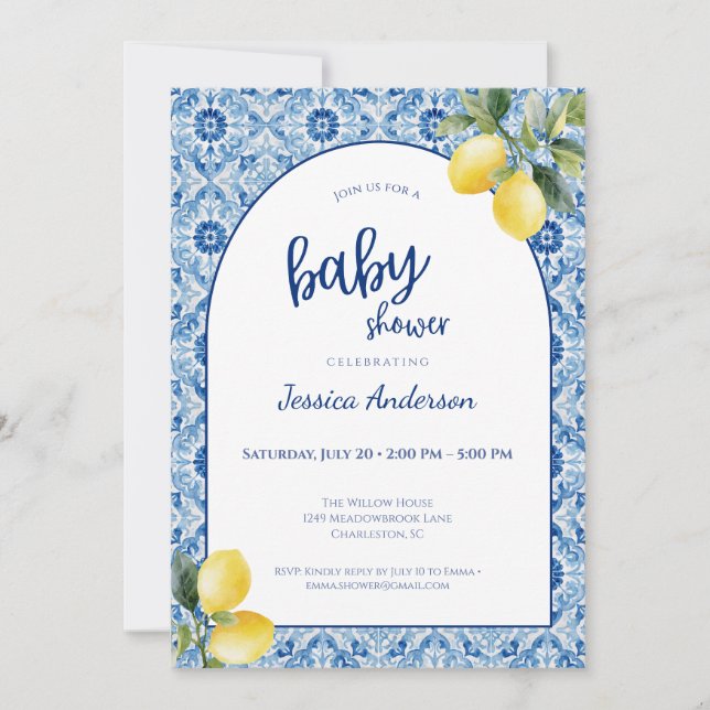 Blue Tile Lemon Baby Shower Invitation (Front)