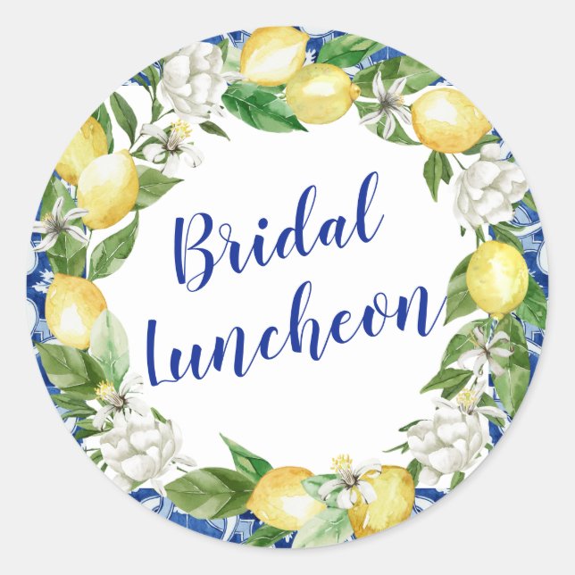 Blue Tile Lemon Bridal Luncheon Classic Round Sticker (Front)
