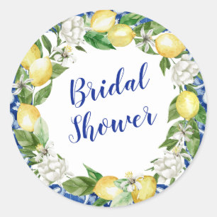 Blue Tile Lemon Bridal Shower Classic Round Sticker