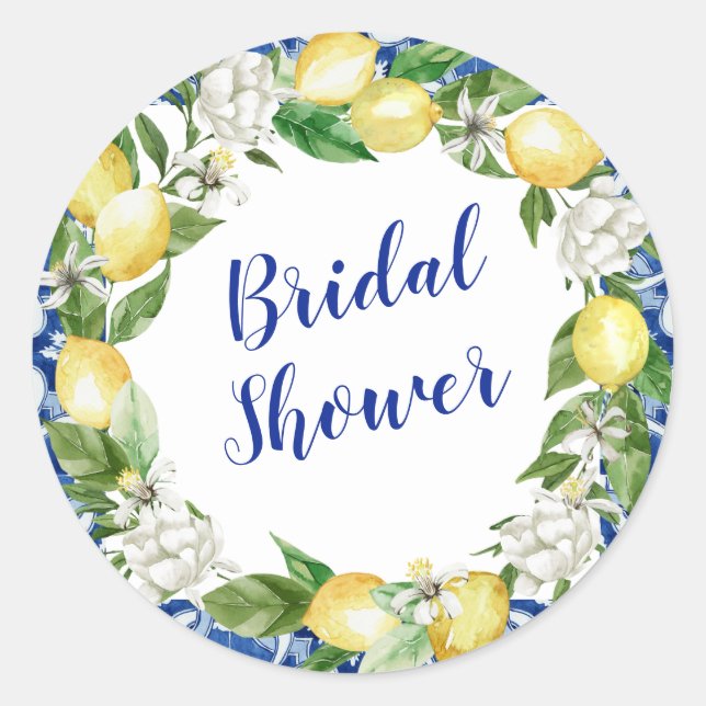 Blue Tile Lemon Bridal Shower Classic Round Sticker (Front)