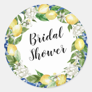 Blue Tile Lemon Bridal Shower Classic Round Sticker