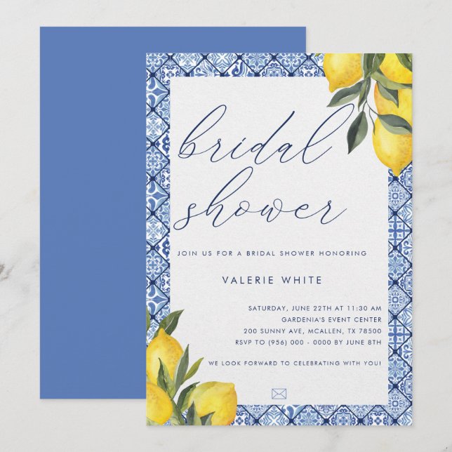 Blue Tile Lemon Bridal Shower Invitation (Front/Back)