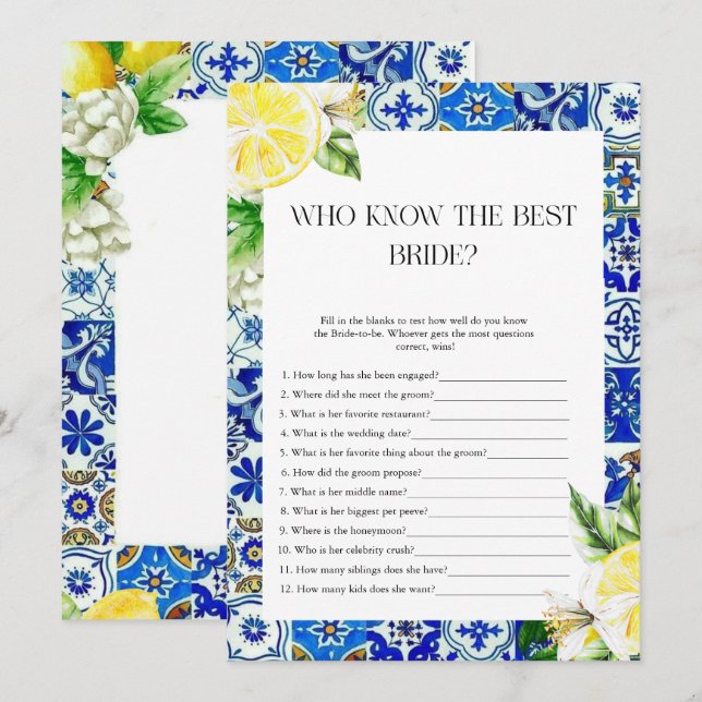 Blue Tile Lemon Bridal Showerr game Invitation (Front/Back)
