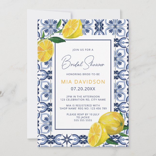Blue Tile & Lemon Citrus Summer Bridal Shower Invitation (Front)