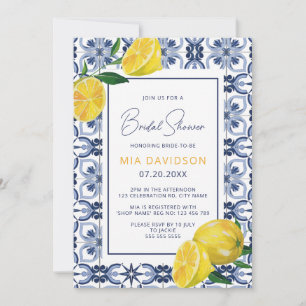 Blue Tile & Lemon Citrus Summer Bridal Shower Invitation