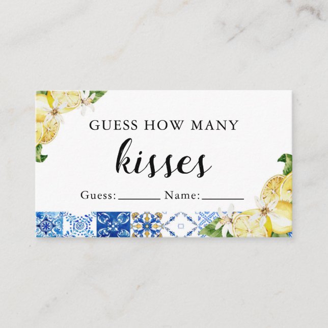 Blue Tile Lemon How Many Kisses Bridal Shower Game Place Card (Front)