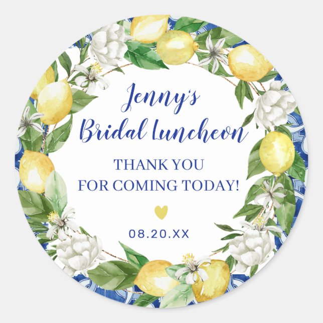Blue Tile Lemon Italian Bridal Luncheon Classic Round Sticker (Front)