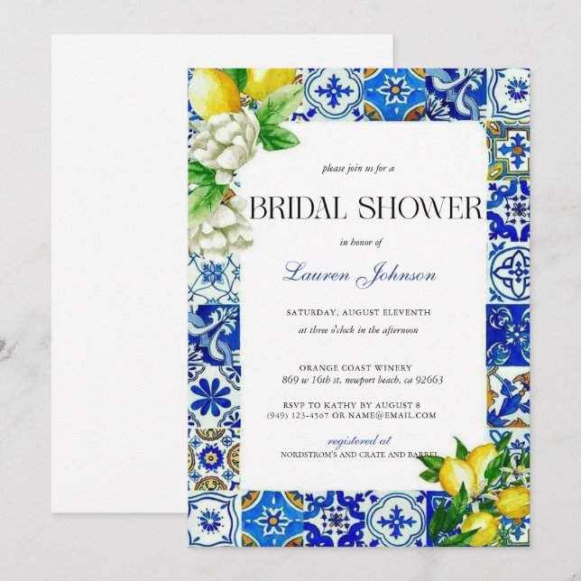 Blue Tile Lemon Italian Bridal Shower Invitation (Front/Back)