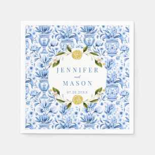 Blue tile lemon Italian wedding paper napkins