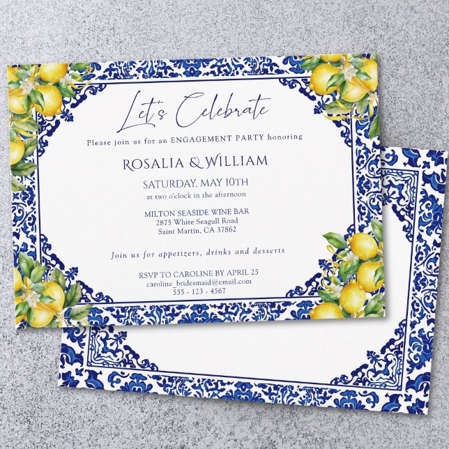 Blue Tile Lemon Mediterranean Engagement Party Invitation (Creator Uploaded)