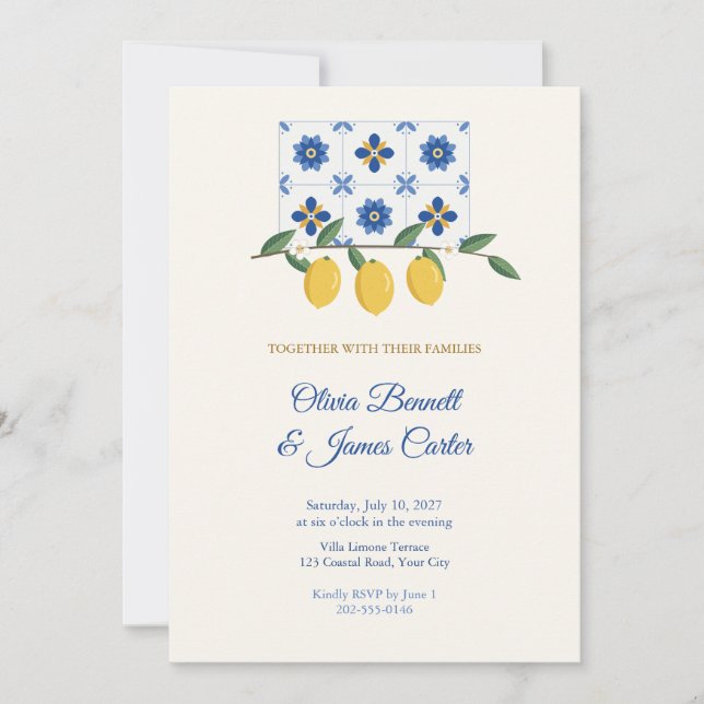 Blue Tile Lemon Mediterranean Wedding Invitation (Front)