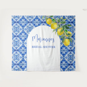 Blue tile lemon thats amore bridal shower backdrop tapestry