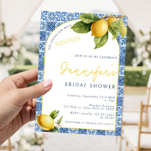 Blue tile Lemon theme Main squeeze Bridal Shower Invitation
