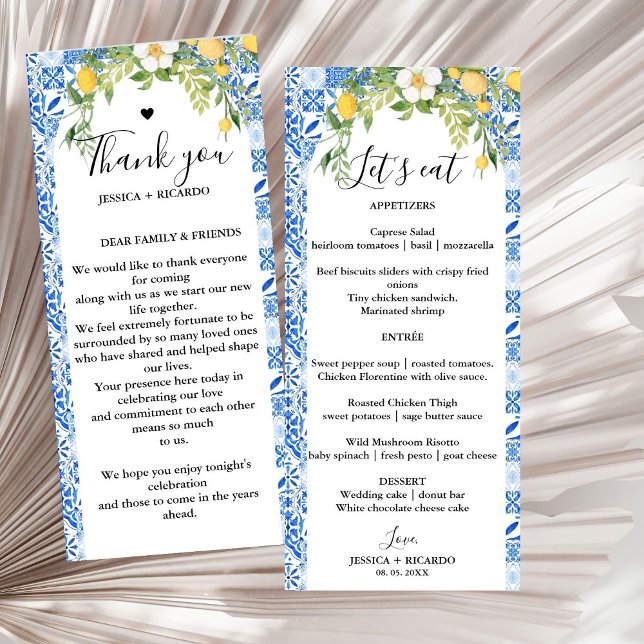 Blue tile & Lemon wedding Menu and Thank You Card (Creator Uploaded)