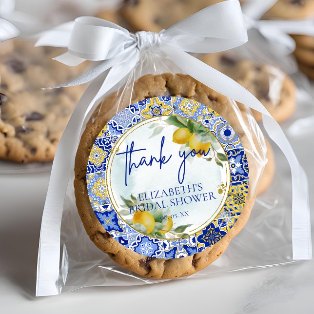 Blue Tile Lemons Script Thank You Bridal Shower Classic Round Sticker (Creator Uploaded)