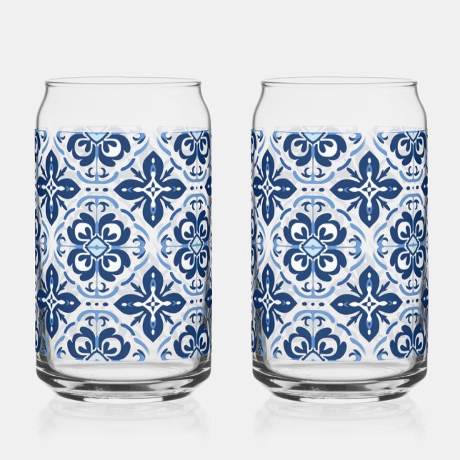 Blue tile Mediterranean  beer can glass (Front)