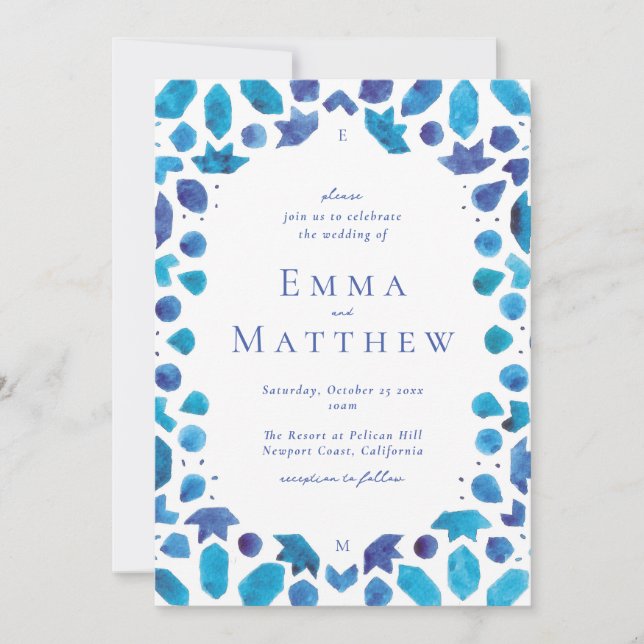 Blue Tile Mediterranean Wedding Invitation (Front)