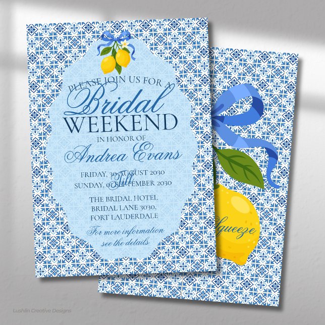 Blue Tile Mediterranean with Lemons Bridal Shower Invitation (Creator Uploaded)