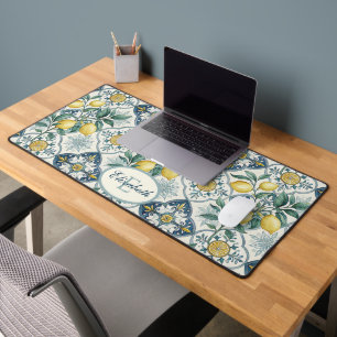 Blue Tile Monogram French Country Lemon Pattern Desk Mat
